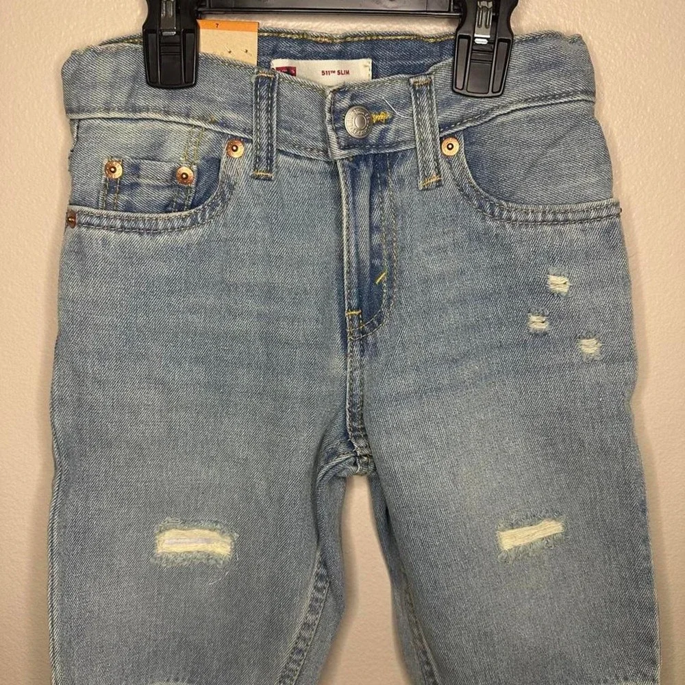 Levis 511 Slim Fit Youth Denim Shorts Light Wash Blue Distressed Size 7 Reg